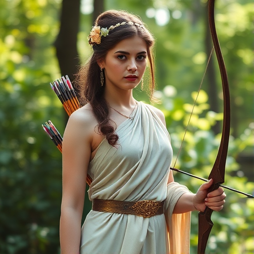 Create a portrait of a goddess-like Coptic girl figure in a tranquil, forested environment. She has an elegant appearance with long, wavy hair styled in an updo and adorned with a delicate, floral headband. She wears a flowing, ancient Greek-inspired gown in a soft, pale color, featuring a one-shoulder design and draped fabric that accentuates her graceful form. The outfit includes a decorative belt with ornate gold detailing, and she holds a bow in her hand, with a quiver of arrows slung over her shoulder. The background depicts lush greenery, with sunlight filtering through the trees, casting a gentle, ethereal light on the scene. Her expression is calm and contemplative, embodying a sense of wisdom and serenity.
