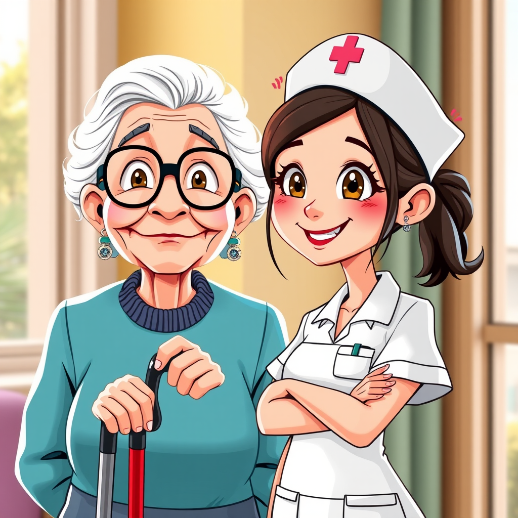 Create a vibrant illustration of two cartoon characters, an elderly woman with glasses and a cane, alongside a young female nurse wearing a nurse's uniform and cap, using a Canon EOS R5 with a 50mm f/1.2 lens, aperture set to f/2.8, soft natural lighting from a window, and at a 45-degree angle for dynamic composition.