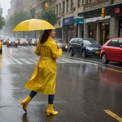 Rain-soaked city street, cars passing by and splashing water, a woman in a bright yellow raincoat and boots hurries across the road, her umbrella barely protecting her from the downpour.