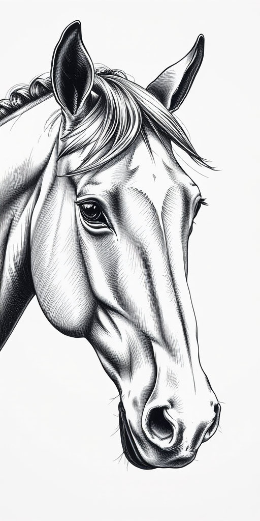 create a detailed ink drawing of a horse's head with intricate shading, use a Canon EOS R5 with a 50mm f/1.2 lens, aperture set to f/8, ISO 100, with a focus on fine details and sharp contrasts, in a studio lighting setup to enhance texture and depth