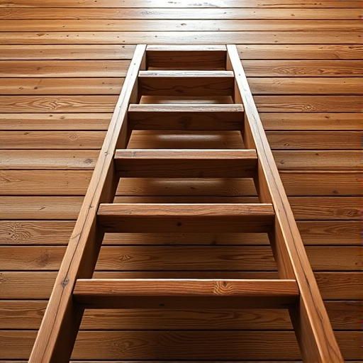 Create a high-resolution image of a wooden ladder with five steps, captured from a low angle using a DSLR camera, f/2.8 aperture, 50mm lens, ISO 100, natural lighting for enhanced detail and texture.