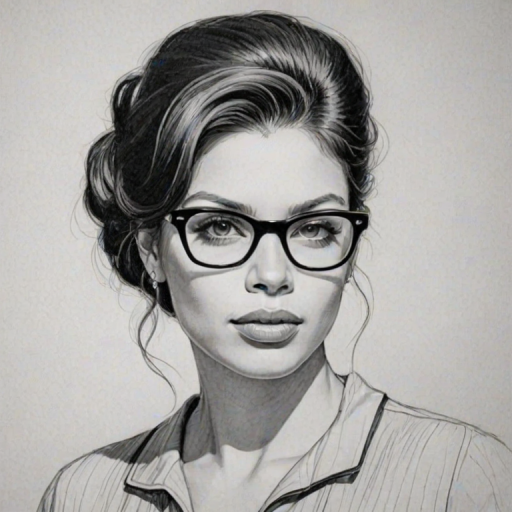 Elegant Vanessa Ferlito, pencil sketch, portrait of Superb woman 1958s in glasses, hair style beatnik, outline, clear lines, fine lines, 8k