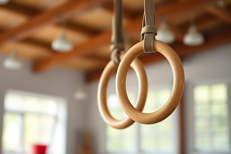 Photograph wooden gymnastic rings hanging indoors, shallow depth of field, focus on the rings, soft bokeh background, DSLR camera, aperture f/2.8, shutter speed 1/200s, ISO 400, natural lighting.