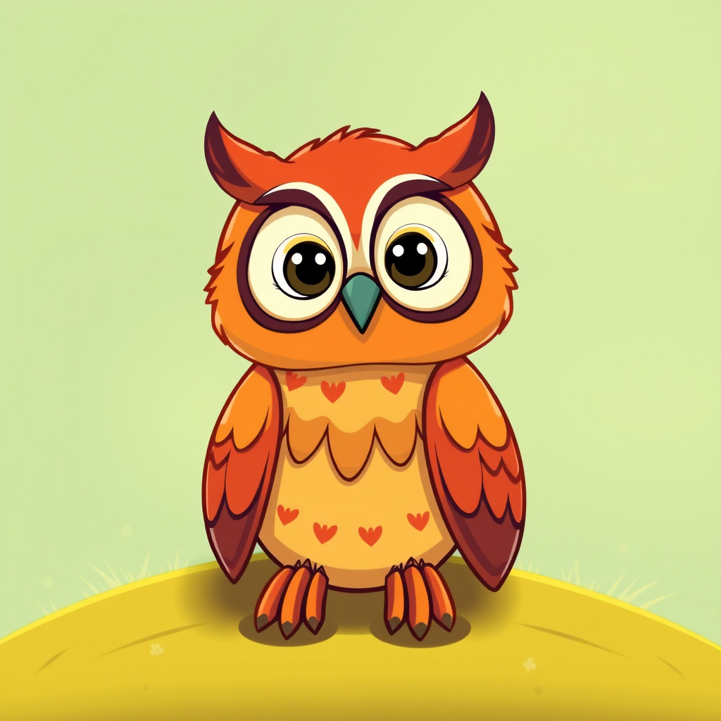 Create a colorful cartoon owl sitting on a hill with a light green background, shot with a DSLR camera at f/4, ISO 100, shutter speed 1/200, with a focus on the owl in a soft blur background, using a wide-angle lens to enhance perspective.
