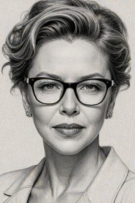 Superb Annette Bening, pencil sketch, portrait of Exquisite woman 1931s in glasses, hair style beatnik, outline, clear lines, fine lines, 8k