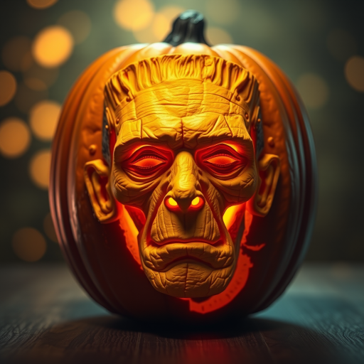a pumpkin intricately carved in the face of a classic horror monster [Frankenstein] 3d, ultra-realistic, highly detailed, dramatic lighting, bokeh
