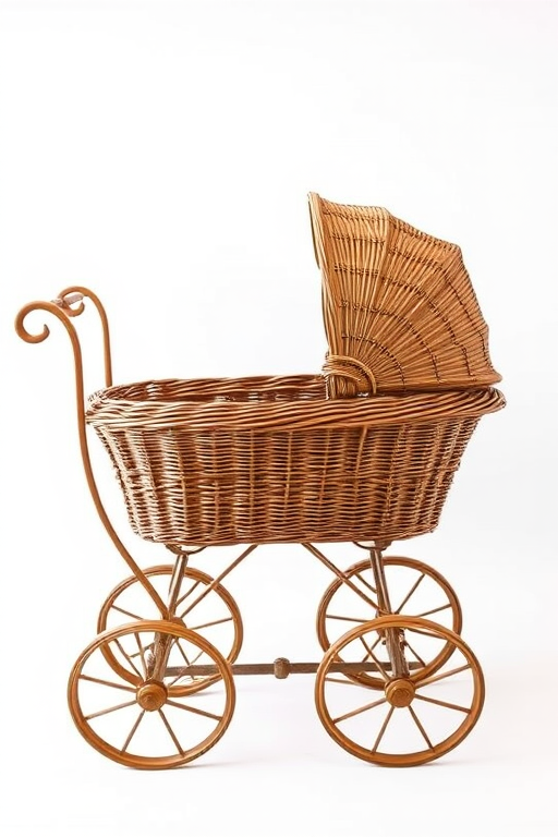 Create an image of an antique wicker pram on a white background, shot with a Canon EOS 5D Mark IV, 50mm lens, aperture f/1.8, ISO 100, shutter speed 1/200, in soft natural light to enhance details and texture.