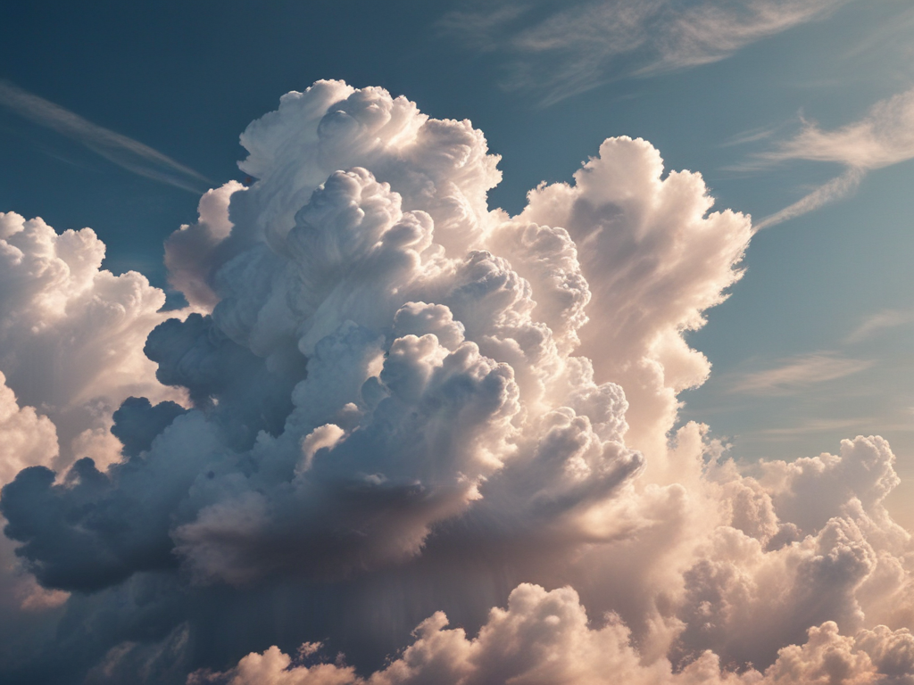 Majestic Fluffy Clouds Illuminated by the Soft Glow of Sunset Sky.