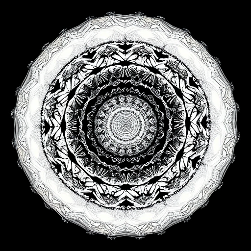 Create an abstract black and white design resembling a sphere with intricate patterns, captured with a Canon EOS R5 in aperture priority mode at f/8, ISO 100, 50mm lens, top-down view, using soft diffused lighting to enhance details.