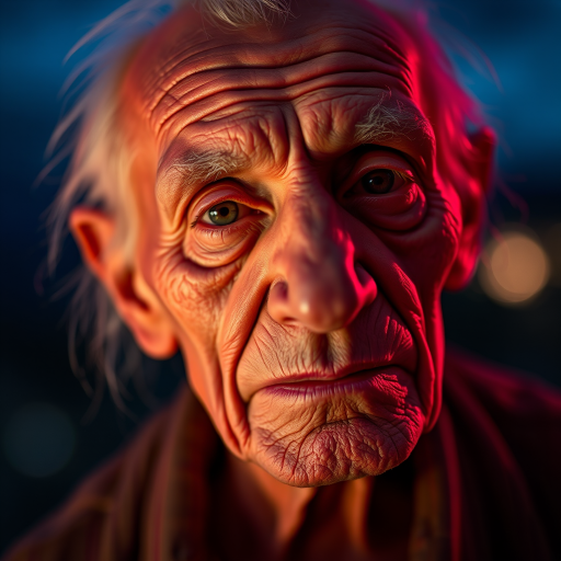 create a close-up perspective view fine art photography contemporary style of an elderly worn albino’s face with a soft, candid expression on a blurred sky black light background.Showcasing a modern style characterized by vibrant blacklight tones, using dramatic lighting and soft gradients to create a fine art atmosphere. The focus is on the light and facial features. motion light blur, neon backlit
