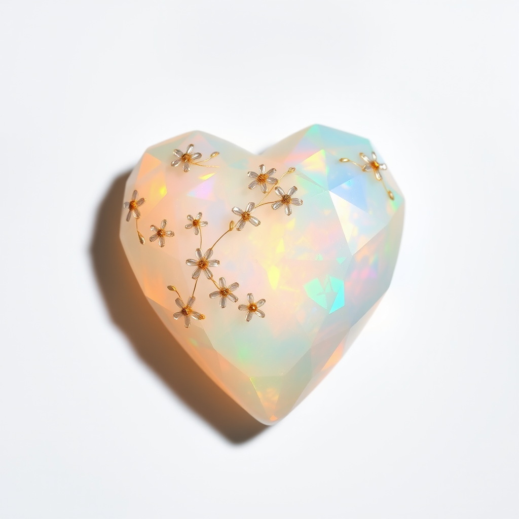 a human heart made of facet cut opal crystal, decorated with small crystal flowers, pastel colors, fine subtle gold details, white background, small drop shadow, beautiful light incidence, prism.