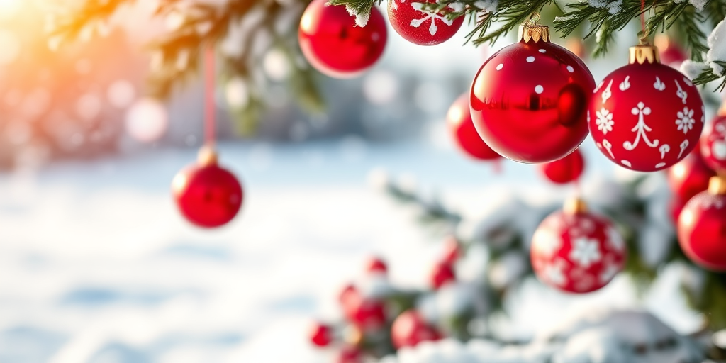 Generate an image of a festive holiday scene featuring red and white ornaments hanging above a snowy surface, captured with a DSLR camera at f/8 aperture, ISO 100, 50mm lens, shallow depth of field, in bright daylight for enhanced clarity and color vibrancy.