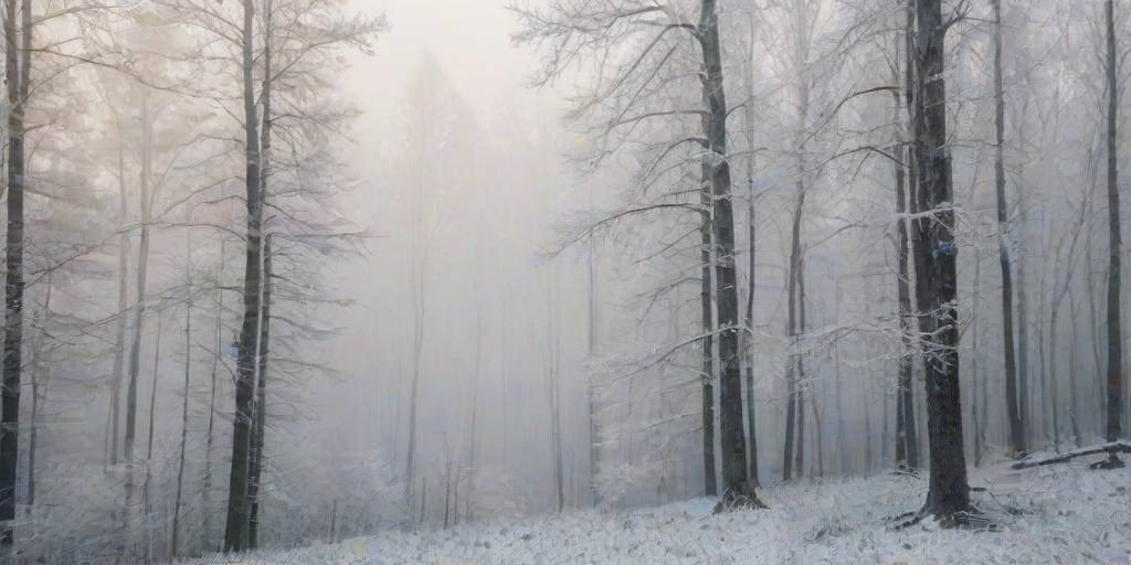 a misty winter forest with layers of frosted trees and soft fog enveloping the landscape
