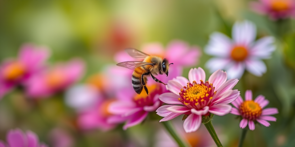 macro shot of a bee hovering near colorful flowers with a blurred background, f/2.8 aperture, 1/500 second shutter speed, ISO 200, natural light, DSLR camera, 50mm lens, focused on the bee and flowers to enhance depth of field.