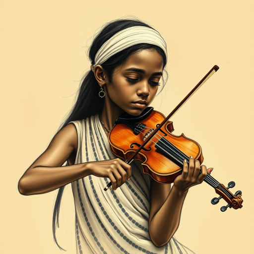 a young Nubian woman with a white headband playing a violin, in the style of a charcoal drawing, sepia grunge background
