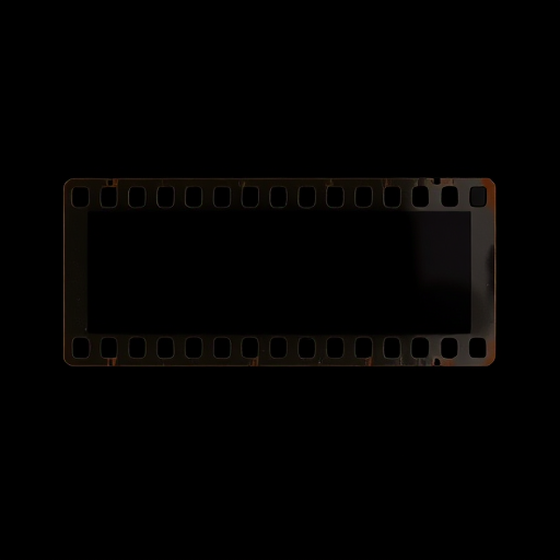 Create a high-resolution image of a blank 35mm film strip on a black background, using a DSLR camera with a 50mm lens, aperture set to f/2.8, shutter speed 1/125 sec, and ISO 100, with a shallow depth of field to enhance clarity and focus.