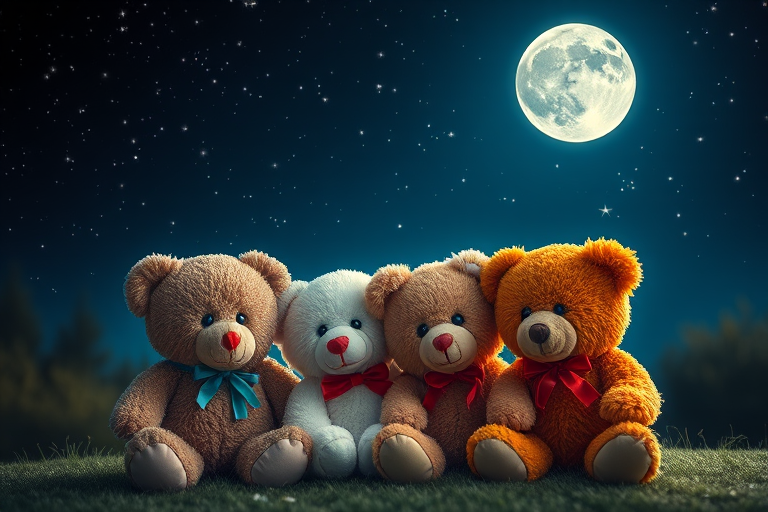 teddy bears sitting together under a starry night sky with a full moon, vibrant colors, soft focus, ISO 100, f/2.8, 1/60 sec, 50mm lens, DSLR