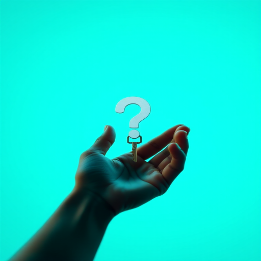 Create a digital illustration of a hand holding a key reaching towards a question mark lock on a vibrant turquoise background, using a Canon EOS R camera with a 50mm lens, f/1.8 aperture, ISO 100, and a shallow depth of field for enhanced clarity and depth.