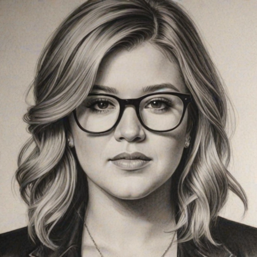 Beauteous Kelly Clarkson, pencil sketch, portrait of Enticing woman 1920s in glasses, hair style beatnik, outline, clear lines, fine lines, 8k