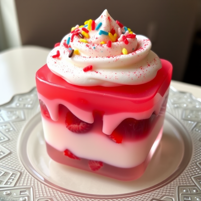 Create an image of a layered dessert featuring a glossy jelly base with raspberry pieces visible inside a clear layer, topped with smooth whipped cream, colorful sprinkles, and a dusting of red powder, all arranged on a decorative glass plate with a subtle textured design.