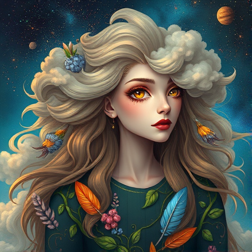 Create a series of imaginative portraits where each subject is infused with elements of fantasy and nature. The hair of the individuals should flow like clouds, varying from soft, fluffy cumulus to wispy cirrus strands, with hints of color reflecting a sunset or a clear blue sky. The eyes should be windows to entire galaxies, with stars, nebulae, and distant planets visible within them. Clothing should be adorned with nature motifs, such as floral patterns that bloom and change, vines that seem to grow and wrap around, or feathers that shimmer with iridescence. Each portrait should capture a unique personality, blending human features with the ethereal beauty of the natural and cosmic world. The backgrounds can vary, from starry night skies to enchanted forests, adding depth and context to the magical realism of the portraits