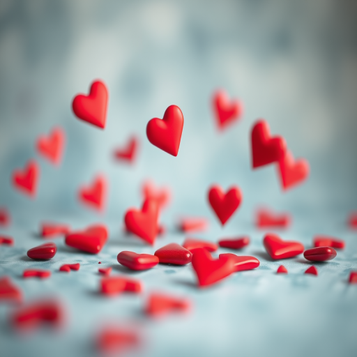 Create an image of scattered red hearts in various sizes with a soft-focus background, using a DSLR camera, 50mm lens, aperture f/1.8, ISO 100, and a shallow depth of field for enhanced visual appeal.