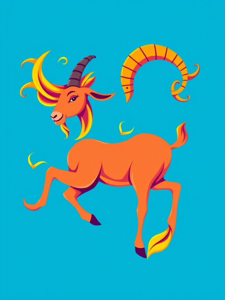 Create a vibrant illustration of a Capricorn symbol featuring a stylized goat with flowing curls and a fish tail in a bright blue background, using a Canon EOS 5D Mark IV, 50mm f/1.8 lens, f/8 aperture, ISO 100, and soft box lighting for enhanced detail and clarity.