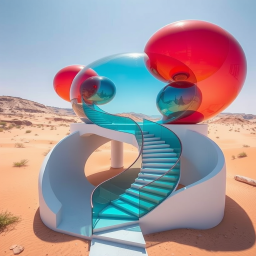 Create an enhanced image of a surreal architectural structure resembling colorful glass spheres atop a spiraling staircase in a desert landscape, shot with a Canon EOS R5, 24mm lens, f/8 aperture, 1/125 sec shutter speed, ISO 100, in bright daylight with a wide-angle perspective for depth.