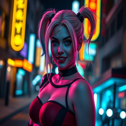 Generate a high-resolution image of a female character inspired by Harley Quinn in a neon-lit urban setting at night, captured with a Canon EOS R5, 50mm lens, aperture f/1.8, ISO 100, and a shallow depth of field for a dramatic focus.