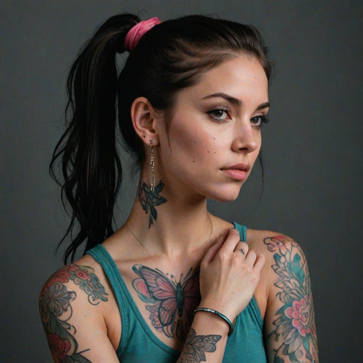 A portrait of a young woman with long dark hair tied up in a bun, with pink streaks, and intricate shaved designs. She is wearing a teal tank top and has a large butterfly tattoo across her chest and multiple colorful floral tattoos on her arms. The woman is looking off to the side, slightly tilted, her right arm is crossed over her chest, and her left hand is resting on her upper arm. The lighting is soft and warm, highlighting the details of the tattoos. The background is a simple, dark gray, providing a neutral backdrop for the subject. The photo has a natural, relaxed feel and a slightly artistic, moody atmosphere.  She is wearing several silver rings and bracelets on her arms, and a pair of long silver dangle earrings with red accents.  Her face is slightly shadowed, giving a soft and alluring feel.  The composition is centered on the woman, who is positioned against a dark background, the emphasis is on her tattoos and the subtle expression on her face.