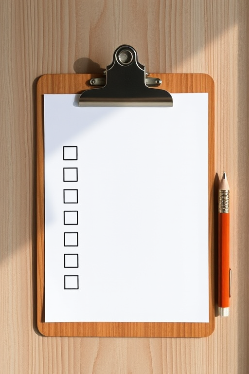 Create a flat lay image of a checklist on a wooden clipboard with four empty checkbox lines, using a Canon EOS R5, ISO 100, f/8, 1/125 sec, natural lighting to enhance clarity.