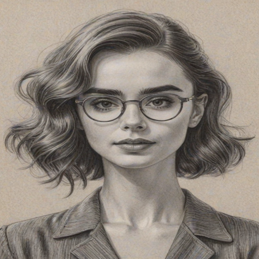 Enchanting Lily Collins, pencil sketch, portrait of Bewitching woman 1945s in glasses, hair style beatnik, outline, clear lines, fine lines, 8k