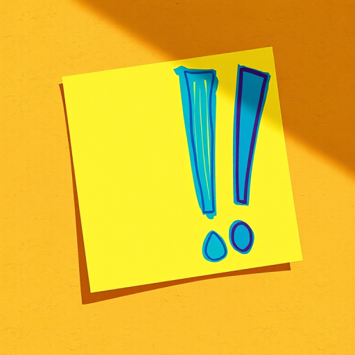 create a vibrant illustration of a yellow sticky note with bold red and blue exclamation marks, using a Canon EOS R5 camera, 24mm f/1.4 lens, aperture at f/2.8, ISO 100, f/2.8, with a shallow depth of field and natural daylight lighting to enhance colors and details