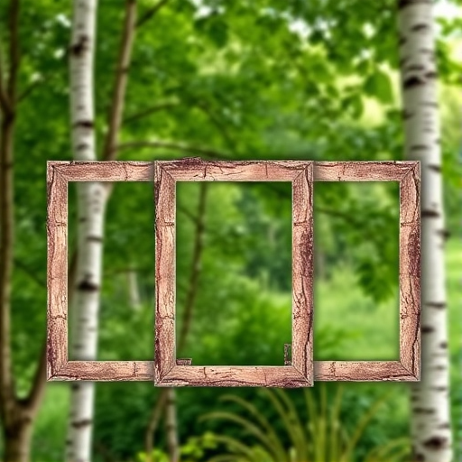 Create an image of three blank picture frames with a birch bark texture, arranged in a staggered formation against a lush, green nature background, using a high-resolution DSLR camera with a 50mm lens, aperture set at f/2.8 for shallow depth of field, ISO 100, shot in natural lighting for enhanced colors and details.