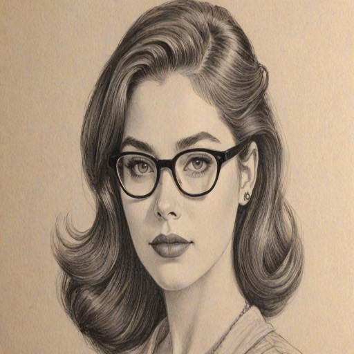 Graceful Grace Phipps, pencil sketch, portrait of Magnificent woman 1953s in glasses, hair style beatnik, outline, clear lines, fine lines, 8k