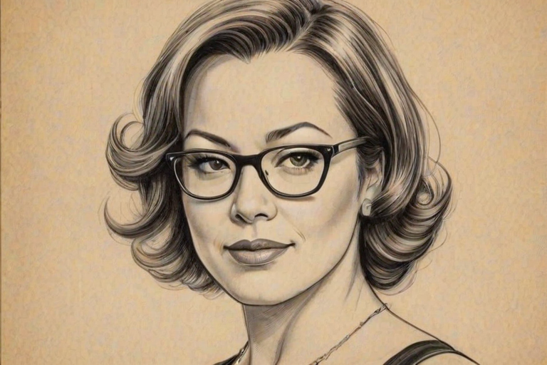 Enticing Jennifer Tilly, pencil sketch, portrait of Delightful woman 1931s in glasses, hair style beatnik, outline, clear lines, fine lines, 8k