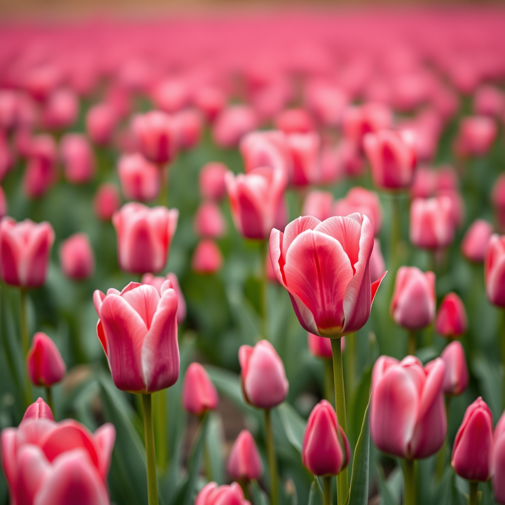 tulip field in vibrant pink colors with a soft-focus background, captured with a Canon EOS R5 at f/2.8, 1/200s shutter speed, ISO 100, using a 50mm lens, in landscape orientation for enhanced depth and detail