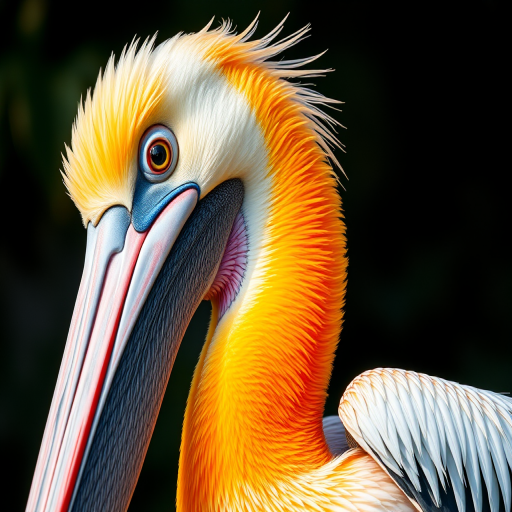 Create a highly detailed portrait of a colorful pelican with vibrant feathers, soft focus background, 85mm lens, f/1.8 aperture, ISO 100, shot in natural light with a shallow depth of field for enhanced image quality.