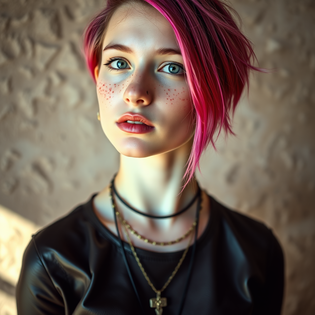 Portrait of a young woman with colorful pink hair and freckles, wearing a leather top and layered necklaces, against a textured background, captured with a Canon EOS R6 at f/1.8, ISO 100, 50mm lens, natural lighting for a soft yet vibrant effect, shallow depth of field to emphasize the subject.