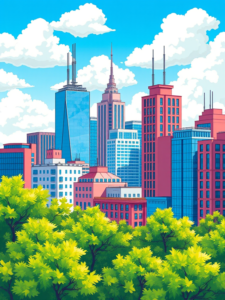 Create a vibrant cityscape illustration featuring a mix of modern and traditional buildings, with blue and pink tones, lush green trees in the foreground, and a bright blue sky with fluffy clouds, using a digital drawing style, with a focus on high-resolution vector graphics.