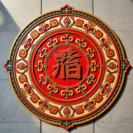 Create a high-resolution image of an ornate circular design featuring traditional Chinese motifs, with a prominent stylized character in the center, using a DSLR camera at f/4.5, ISO 100, with a focal length of 50mm, shot from a top-down view with natural lighting for enhanced detail and contrast.