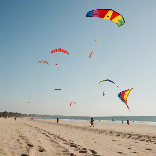 Soft-focus image of a row of colorful kites flying high in a clear blue sky, with a sunlit beach softly blurred in the distance, children playing in the sand.