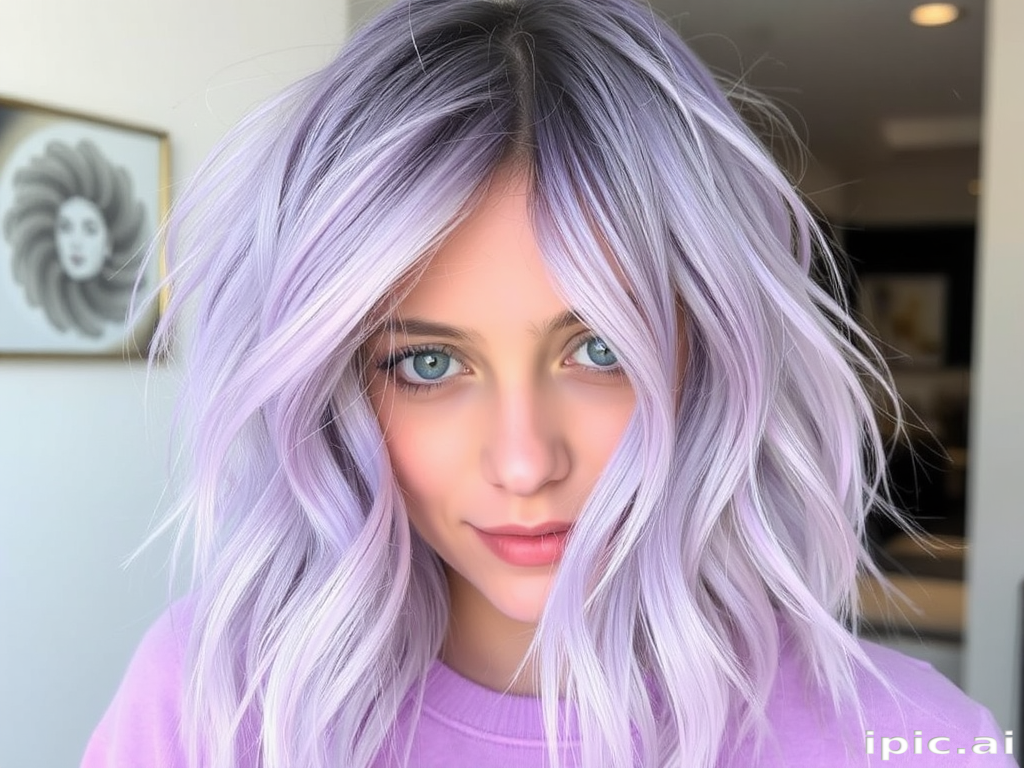 Soft lavender lob with loose beachy waves, subtle root shadow for depth, effortlessly tousled styling exuding a carefree and youthful vibe