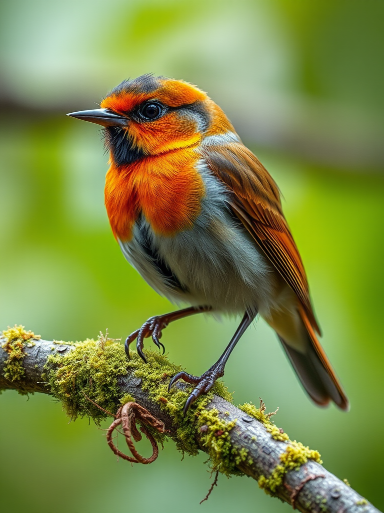 Capture a close-up of a small colorful bird perched on a moss-covered branch, with a blurred natural background, use a Canon EOS 5D Mark IV, 200mm lens, aperture f/4, ISO 800, shutter speed 1/500s, natural light, focused on the bird.