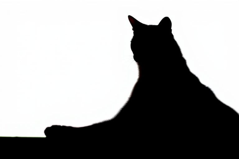 Create an image of a stylized black cat silhouette on a white background, captured with a Canon EOS 5D Mark IV using a 50mm lens at f/1.8, ISO 100, and a soft focus effect for an artistic touch.