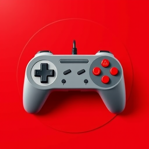 Create a high-resolution vector illustration of a classic video game controller on a vibrant red circular background, using a DSLR camera with a 50mm lens, f/2.8 aperture, and a shallow depth of field to create a professional, polished look.