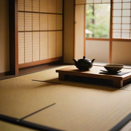 Soft-focus image of a traditional Japanese tea ceremony, with a serene setting featuring tatami mats, a delicate tea set, and soft light streaming in from shoji screens.