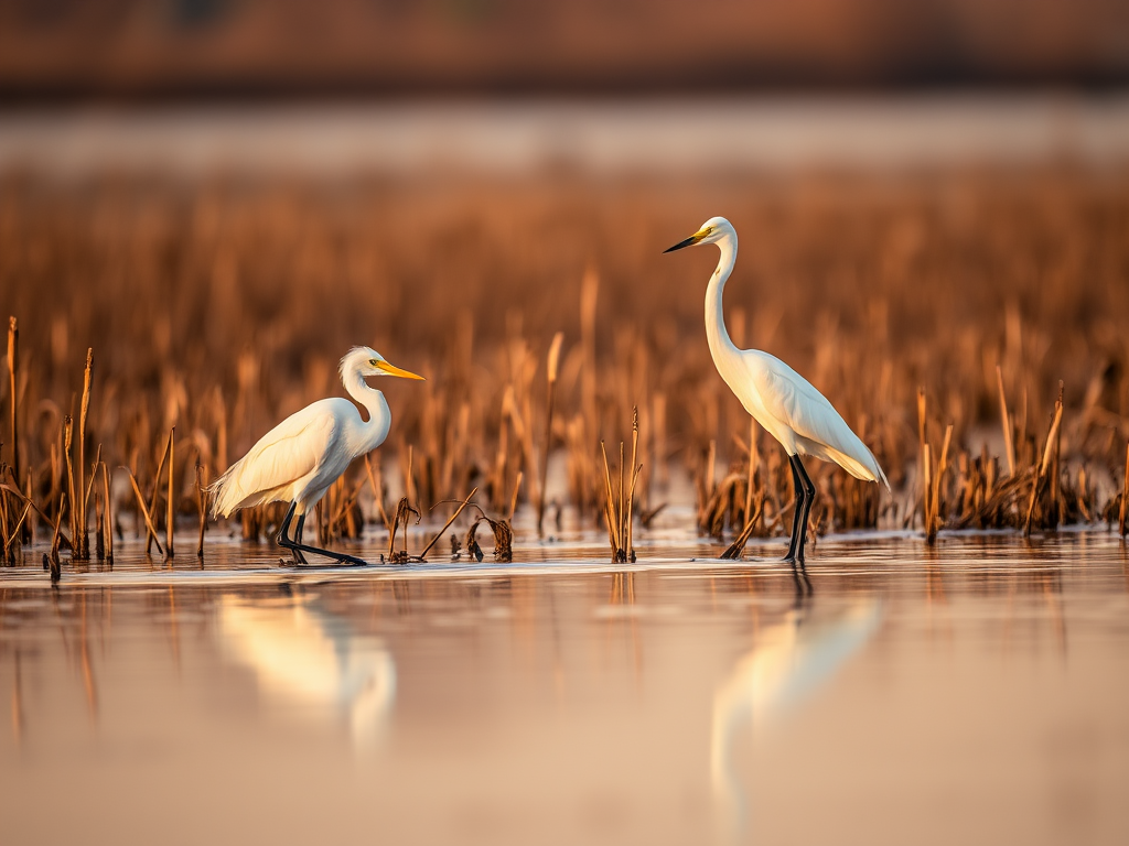 high-resolution photograph of a great egret and a snowy egret wading in shallow water among reeds with a blurred background, taken with a Canon EOS R5, 85mm lens, aperture f/2.8, shutter speed 1/500s, ISO 200, natural light, focus on the birds' reflections in the water, golden hour lighting