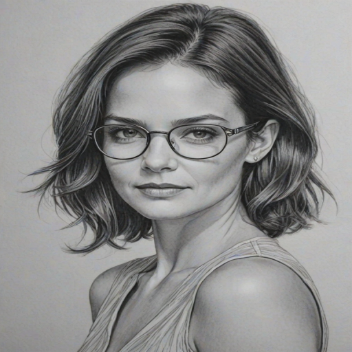 Elegant Katie Holmes, pencil sketch, portrait of Magnificent woman 1969s in glasses, hair style beatnik, outline, clear lines, fine lines, 8k