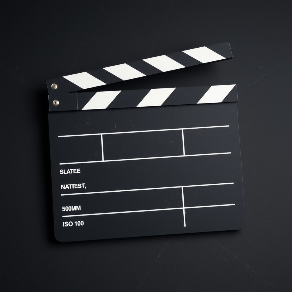 Create a high-resolution image of a film slate with a matte finish, using a DSLR camera, 50mm lens, f/2.8 aperture, ISO 100, and a slight overhead angle for better visibility and clarity.